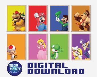 Mario Digital wall art, Wall Decor, Gaming posters, Video Game Room Poster, Print set of 8, Gift for boy, Gaming room, Man Cave Wall art,