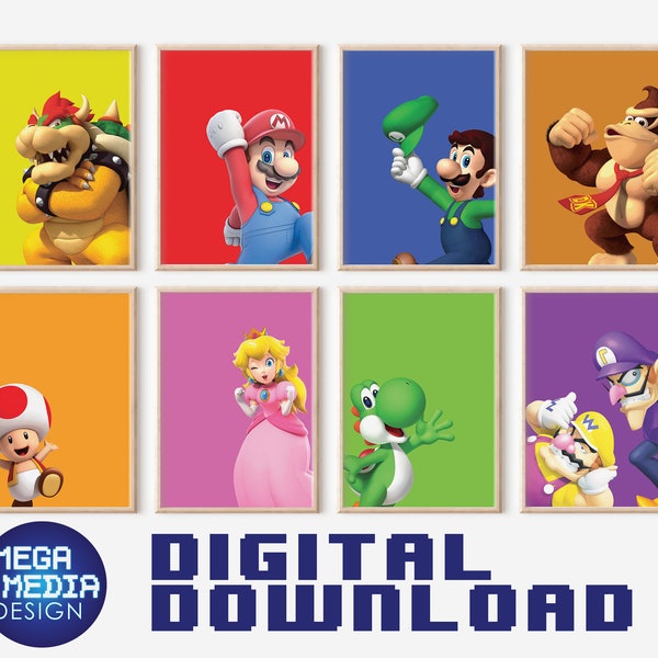 Mario Digital wall art, Wall Decor, Gaming posters, Video Game Room Poster, Print set of 8, Gift for boy, Gaming room, Man Cave Wall art,