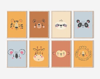 May include: A set of eight rectangular wall art prints featuring stylized illustrations of animal faces including a tiger, bear, sloth, panda, koala, giraffe, monkey, and lion, each set against a solid colored background in a wooden frame.