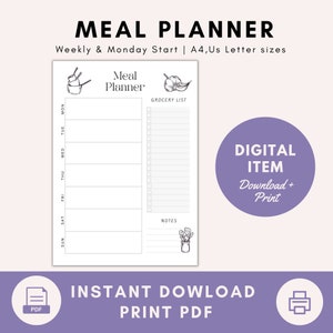 Planejador de refeições semanais ilustrado e lista de compras, download instantâneo, A4, tamanhos carta dos EUA, PDF