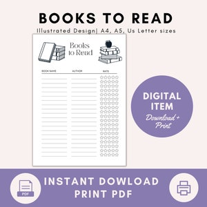 Libros ilustrados para leer la página de lista, PDF imprimible, tamaño carta A4/A5/Us, descarga instantánea