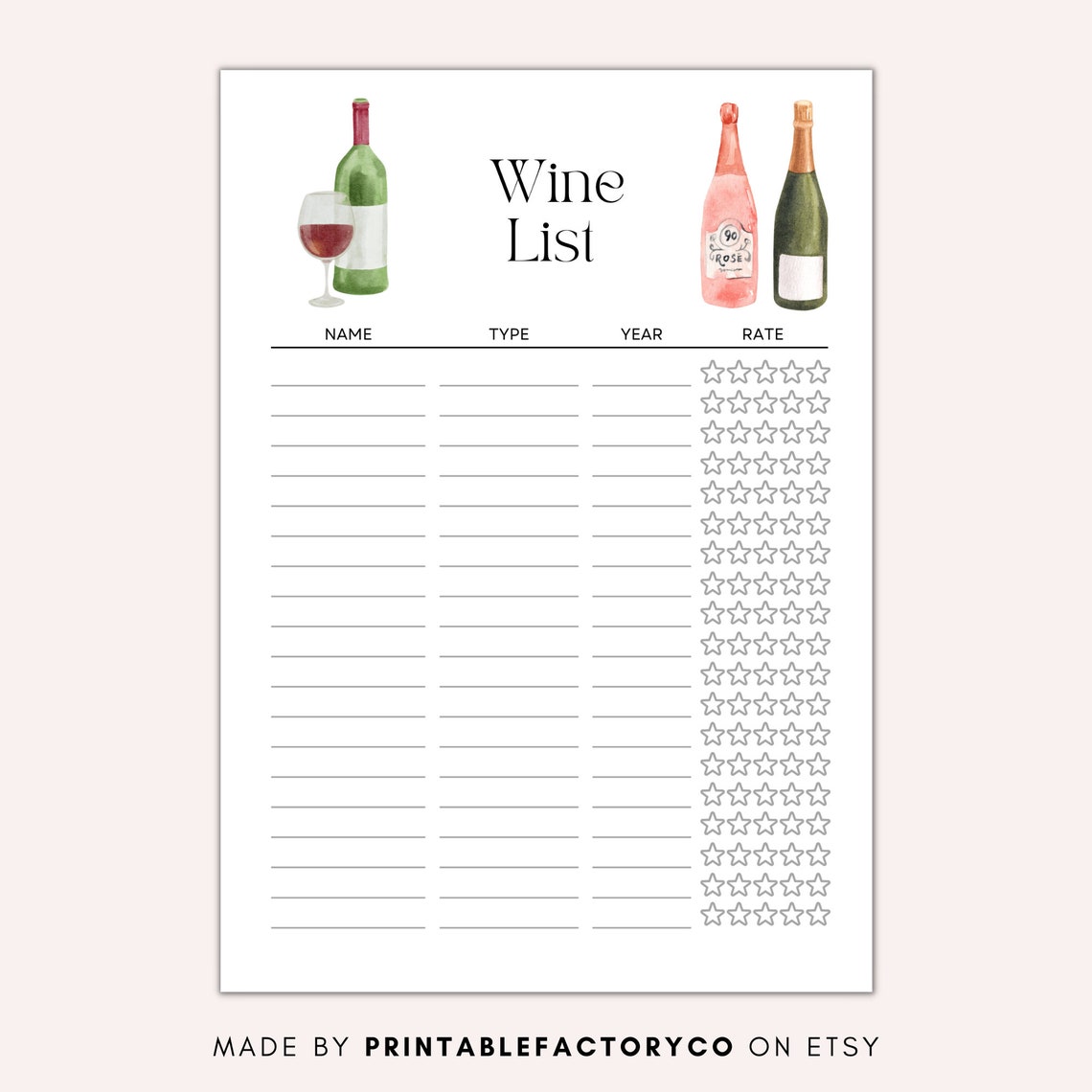 Printable Wine List Wine Journal Wine Tracker A4/ A5/ Letter Etsy