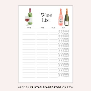 Printable Wine List, Wine Journal, Wine Tracker A4/ A5/ Letter Sizes ...