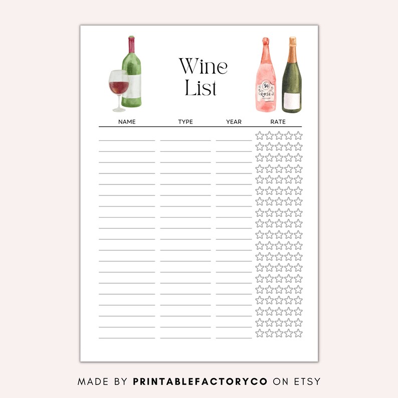 Printable Wine List Wine Journal Wine Tracker A4/ A5/ Letter Etsy