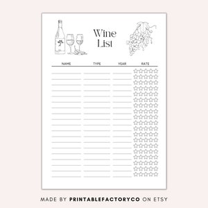 Printable Wine List, Wine Journal, Wine Tracker A4/ A5/ Letter Sizes, Instant Download - Etsy