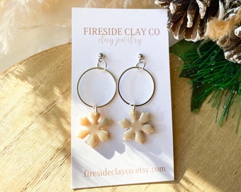 Handmade Polymer Clay Unique Cute Silver Pearl Snowflake Hoop Dangle Holiday Earrings, Hypoallergenic and Lightweight | 0245