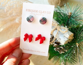 Handmade Polymer Clay Unique Cute Retro Christmas Plaid and Red Bow Studs Pack Holiday Earrings, Hypoallergenic and Lightweight | 0251