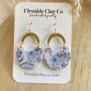 Handmade Unique Polymer Clay White Blue Dainty Floral Resin Earrings Gold Charm, Lightweight Hypoallergenic Everyday Earrings | 0341