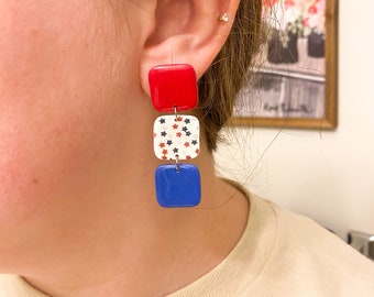 Handmade Polymer Clay Lightweight Hypoallergenic 4th of July Patriotic Dangle Earrings| 0120