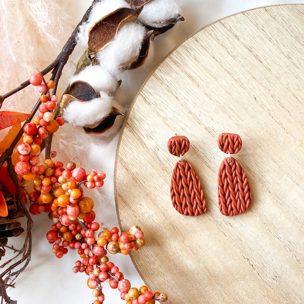 Handmade Cute Unique Polymer Clay Knit Texture Burnt Orange Sweater Dangle Earrings, Fall and Autumn Accessories, Gifts for Women | 0173