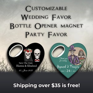 Customizable Wedding Gift, Cap Opener Magnets, Wedding Thank You Favor, Custom Wedding Favor, skeleton theme, skull theme
