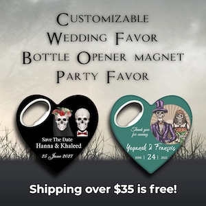 Customizable Wedding Gift, Cap Opener Magnets, Wedding Thank You Favor, Custom Wedding Favor, skeleton theme, skull theme