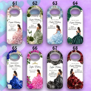Op de afbeelding: Tien verschillende ontwerpen voor flessenstoppers met een quincea&ntilde;era-thema. Elk ontwerp heeft een ander bloemenpatroon en een silhouet van een jonge vrouw in een jurk. De tekst "Sophia Martinez" en "Mis XV A&ntilde;os" is op elk ontwerp opgenomen.