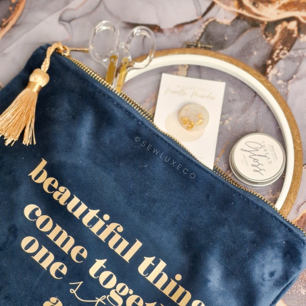 Luxe Velvet Project Bag & Gold Champagne Personalised Name- Cross Stitch, Embroidery, Hand Sewing-Navy Blue Topaz with Sewing Stitchy Quote