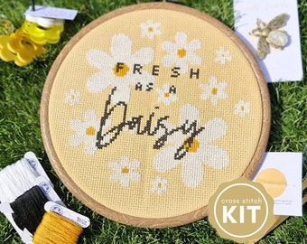 Spring Cross Stitch Kit "Fresh as a Daisy" - 7" Beginner Friendly Kit, perfect gift for crafters, Nursery or Playroom Decor