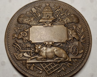 Farmers Agricultural society award French 55mm Art medal beehive cattle horse crop pendant