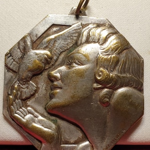 Rare 45mm French pendant art deco medal By Ray pelletier woman and dove pigeons jewelry peace
