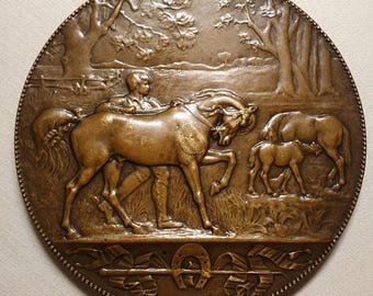 69mm french art medal bronze horses breeding by Degeorge