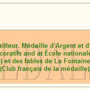 May include: A close-up of a text description about Jean de Vernon, a French sculptor and medalist. The text mentions his awards, including the Prix Taylor in 1957, and his work on the Paquehot Normandie medal and La Fontaine fables.