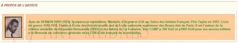 May include: A close-up of a text description about Jean de Vernon, a French sculptor and medalist. The text mentions his awards, including the Prix Taylor in 1957, and his work on the Paquehot Normandie medal and La Fontaine fables.