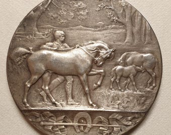 1880s french 41mm medal Silver horses breeding by Degeorge Union Hippique