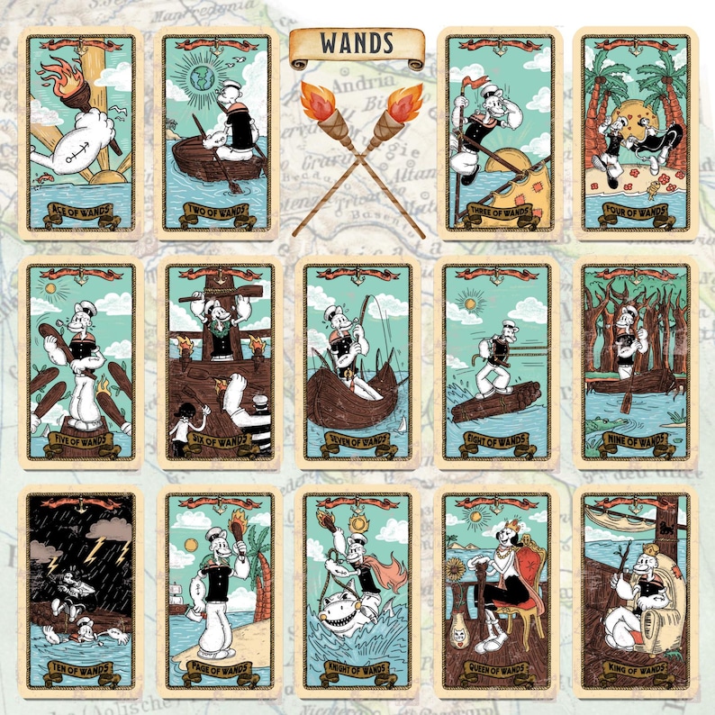 May include: A set of twelve tarot cards featuring a cartoon sailor theme. Each card has a unique illustration with the words "WANDS" and the card's number. The cards are set against a map background with a vintage aesthetic.