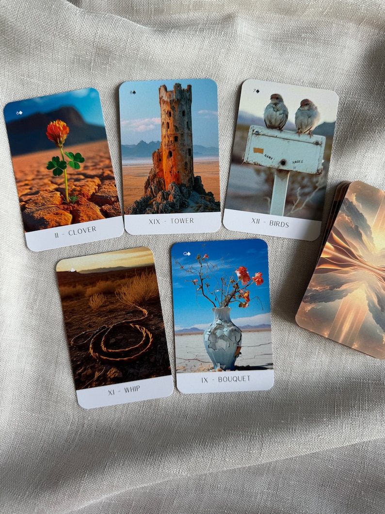 May include: Five tarot cards with different images and names. The cards are on a light beige fabric background. The cards are: II - Clover, XIX - Tower, XII - Birds, XI - Whip, IX - Bouquet.