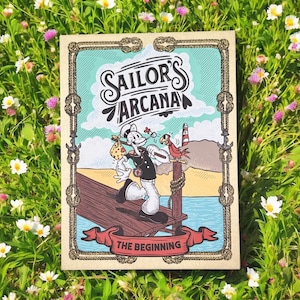 May include: A wooden sign featuring the text "Sailor's Arcana" and "The Beginning". The illustration depicts a cartoon sailor with a parrot, a lighthouse, and a pier. The sign has a rope-style border and is set against a backdrop of flowers.