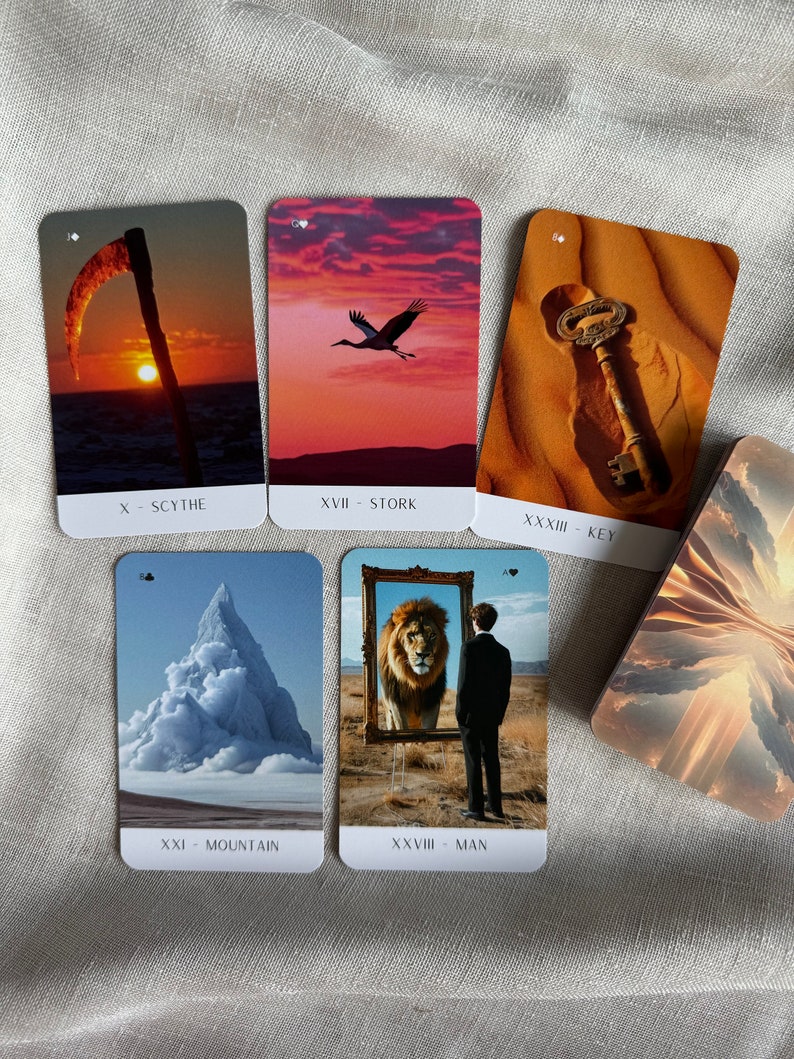 May include: Five tarot cards with different imagery. The cards are laid out in a row, with the top card showing a key in the sand, the second card showing a stork flying in a sunset sky, the third card showing a scythe against a sunset sky, the fourth card showing a mountain with clouds, and the fifth card showing a man standing in front of a mirror with a lion reflected in it. The cards are labeled with their corresponding numbers and names: X - Scythe, XVII - Stork, XXXVIII - Key, XXI - Mountain, and XXXVIII - Man.