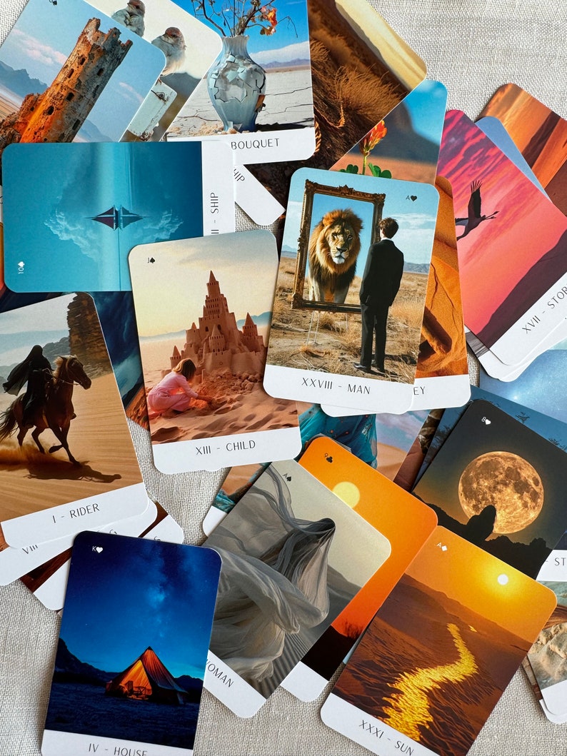 May include: A set of tarot cards with various images, including a rider on horseback, a ship, a child, a man, a sun, a house, a woman, a bouquet, and a stork. The cards are laid out on a beige surface.