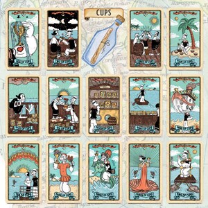 May include: A set of twelve tarot cards from the "Cups" suit, featuring cartoon-style illustrations with nautical themes. Each card has a unique scene with characters, objects, and the card's title. The cards are set against a map background.