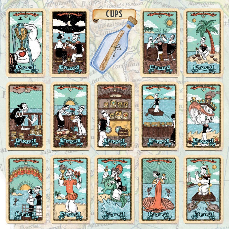 May include: A set of twelve tarot cards from the "Cups" suit, featuring cartoon-style illustrations with nautical themes. Each card has a unique scene with characters, objects, and the card's title. The cards are set against a map background.