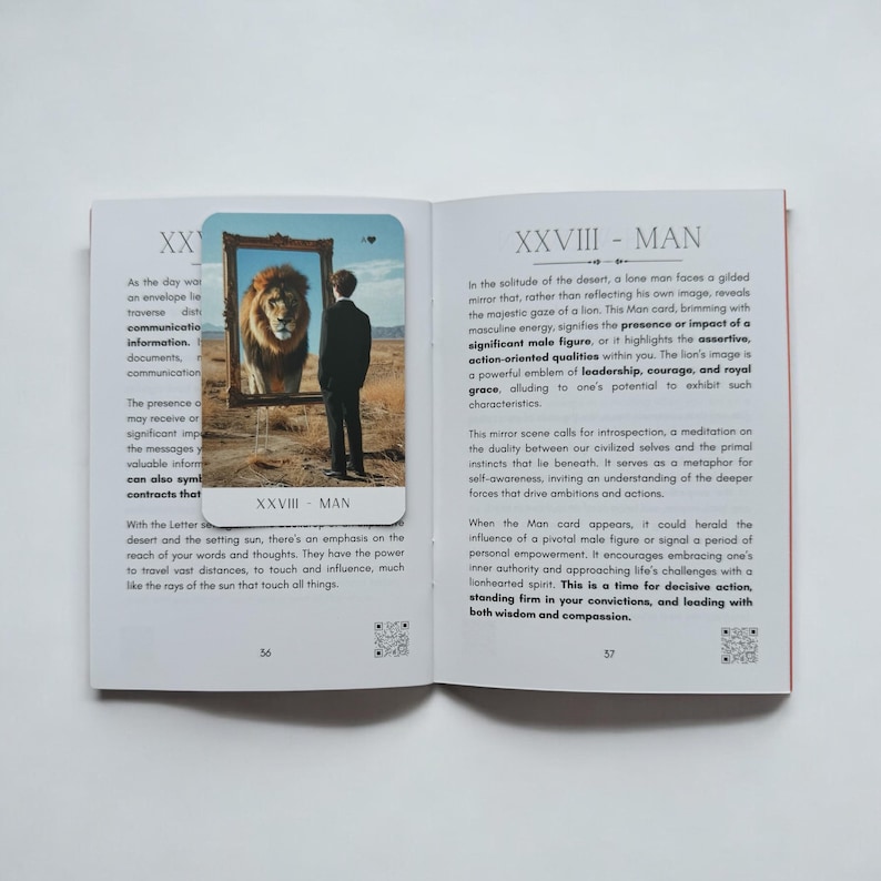 May include: A tarot card with a red background and the number XXVIII, titled "Man". The card depicts a man standing in front of a mirror, reflecting a lion. The text on the card reads "In the solitude of the desert, a lone man faces a gilded mirror that, rather than reflecting his own image, reveals the majestic gaze of a lion. This Man card, brimming with masculine energy, signifies the presence or impact of a significant male figure, or it highlights the assertive, action-oriented qualities within you. The lion's image is a powerful emblem of leadership, courage, and royal grace, alluding to one's potential to exhibit such characteristics."