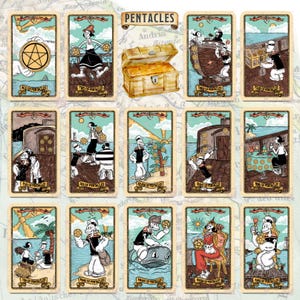 May include: A collection of tarot cards featuring cartoon characters in a vintage style. The cards are labeled with numbers and suits, with illustrations of characters interacting with coins and treasure chests. The overall color scheme is muted with a map background.