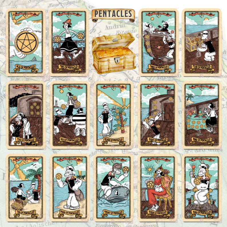 May include: A collection of tarot cards featuring cartoon characters in a vintage style. The cards are labeled with numbers and suits, with illustrations of characters interacting with coins and treasure chests. The overall color scheme is muted with a map background.