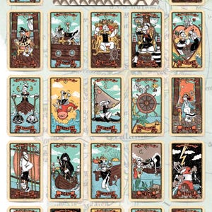 May include: A deck of tarot cards featuring cartoon characters in a vintage style. Each card has a unique illustration and title, including "The Fool," "The Lovers," and "The Sun." The cards are set against a map-like background.