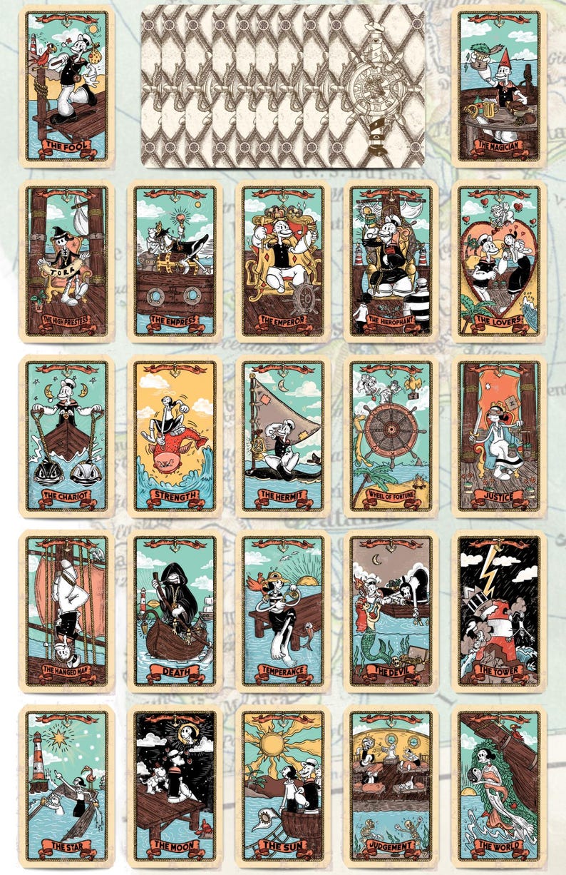 May include: A deck of tarot cards featuring cartoon characters in a vintage style. Each card has a unique illustration and title, including "The Fool," "The Lovers," and "The Sun." The cards are set against a map-like background.