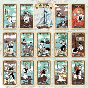 May include: A set of twelve tarot cards featuring cartoon characters in a nautical theme. Each card has a unique illustration with the words "Swords" at the top. The cards are framed in a brown border with a light blue background.