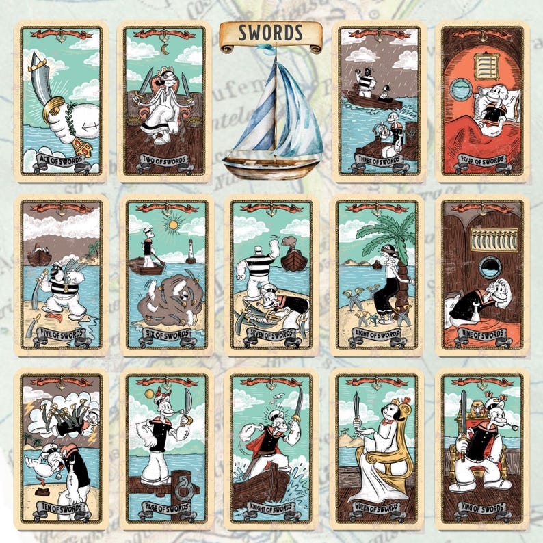 May include: A set of twelve tarot cards featuring cartoon characters in a nautical theme. Each card has a unique illustration with the words "Swords" at the top. The cards are framed in a brown border with a light blue background.