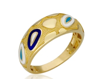 Anello smalto d'oro / Oro 14K / Anello smalto colorato / Anello blu oro unico