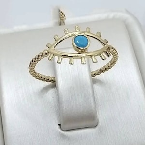 14K Solid Gold Eyelash Ring: Turquoise Evil Eye, Handmade