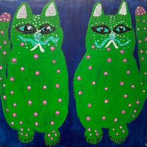 Gatos de cactus. Obra de arte contemporánea original de Anna Margaretha Pettersson. Unmasked by Anna Acrílico sobre cartón reciclado. 31*33 cm