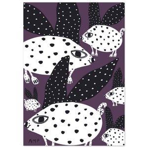 Stampa artistica Giclée Divergent Spotty Bunny di Anna Margaretha Pettersson, motivo a motivi stravaganti e colorati, ingenuo, da parete, disponibile nelle misure A5-A1.