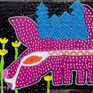 Perro rosa Obra de arte contemporánea original Acrílico sobre cartón reciclado 19,5*18 cm Pintura original colorida Patrón caprichoso Arte de pared divertido