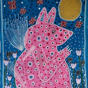Oso rosa Obra de arte contemporánea original Pintura original detallada Arte animal Arte mural colorido y divertido Acrílico sobre cartón reciclado 22*26 cm