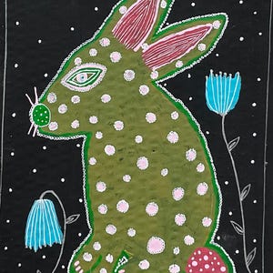 Conejito verde Obra de arte contemporánea original Acrílico sobre cartón reciclado Animal colorido Arte mural Pintura original Conejo Aproximadamente 20*26,5 cm