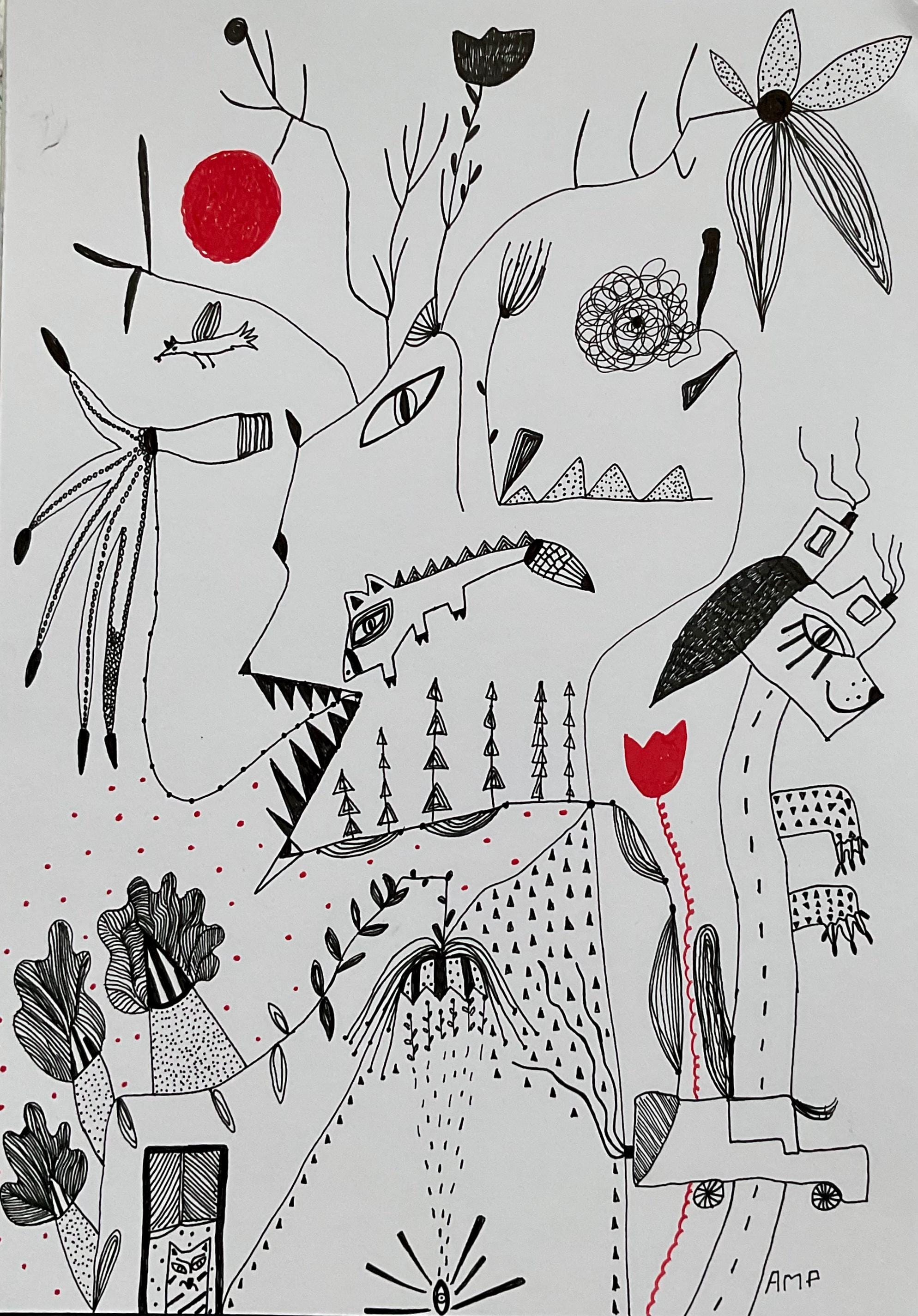Black and white whimsical ink drawing, 21x 29.7 cm- Original art by Anna Margaretha