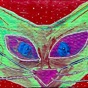 Gato travieso. Obra contemporánea original de Anna Margaretha Pettersson. Acrílico sobre cartón reciclado. 19,5 x 30,5 cm. Pintura original.