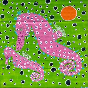 Caballitos de mar rosados Obra de arte original contemporánea con patrón detallado Animales Arte mural divertido Pintura original Acrílico sobre cartón reciclado 19*18 cm