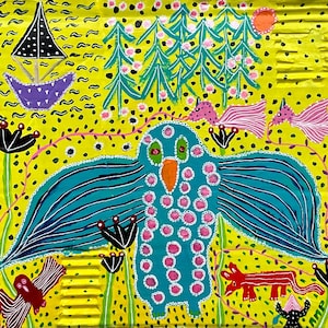 Búho y amigos Pintura original contemporánea colorida y caprichosa de animales sobre cartón reciclado 22*23,5 cm Patrón detallado Artista autista